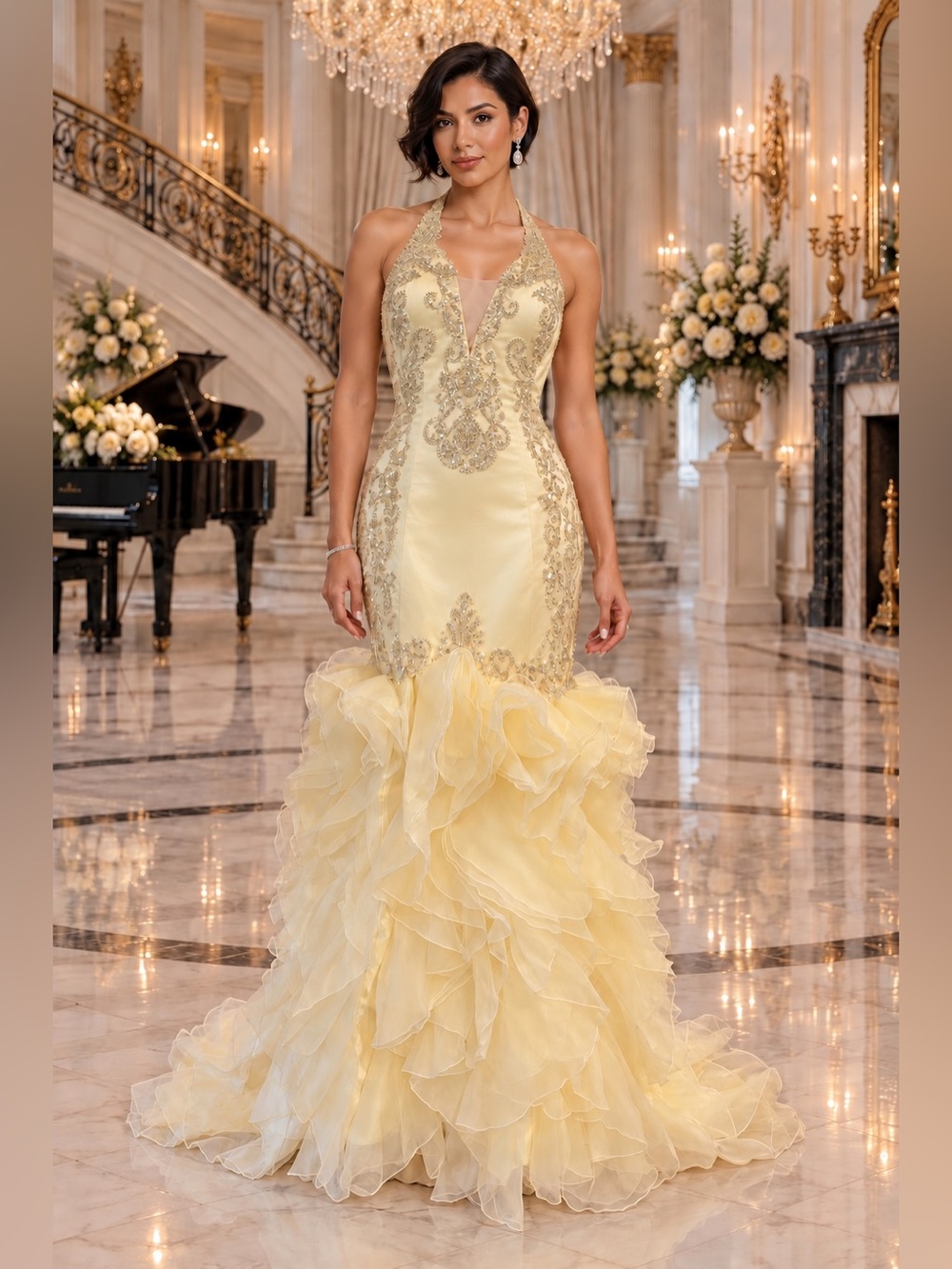 NWT Pale Yellow Gold Sequins Halter Corset Ruffle Mermaid Military Gala Gown 16W